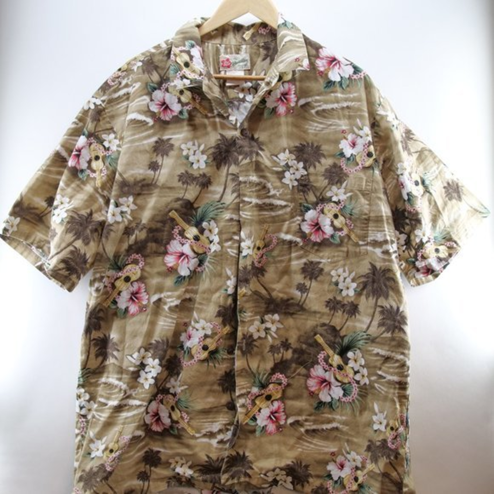 Hilo Hattie The Hawaiian Original Mens L or XL Shirt‎ Brown Floral Half Button